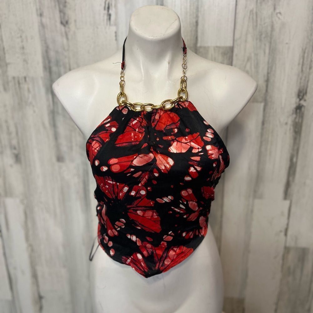Meraki Red & Black Abstract Halter Top Small Gold Chain Neck Tie Back